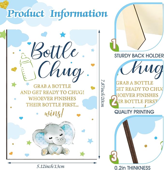 TrelaCo Blue Elephant Cool Baby Shower Games Bottle Chug Sign Wooden Elephant - Image 4