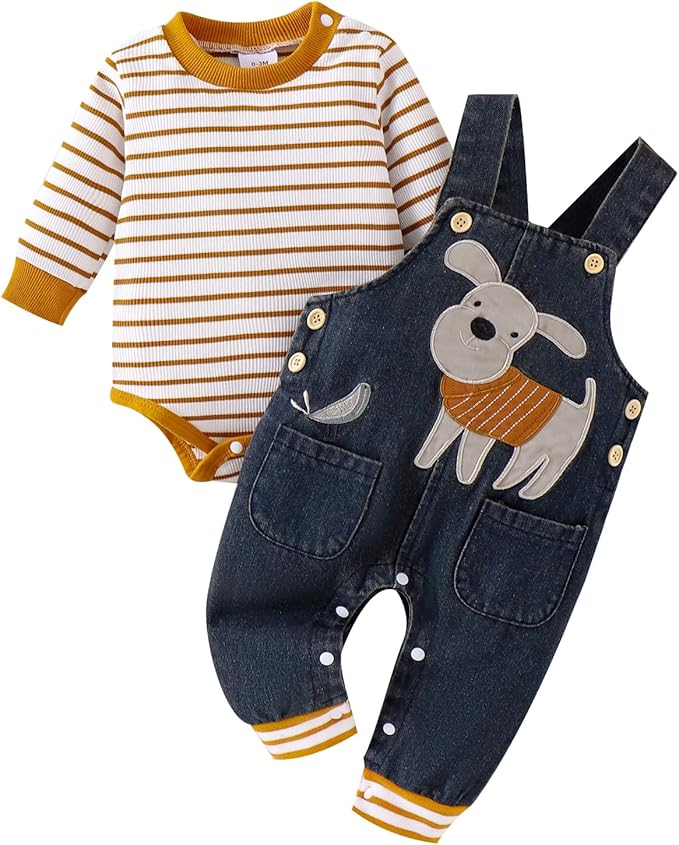 Baby Boy Clothes Fall Winter Outfits Long Sleeve Striped Romper Cute Cartoon by CETEPY