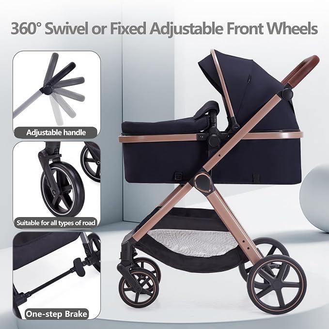 2 in 1 Baby Stroller, Newborn Infant Toddler Convertible Bassinet Pram Stroller - Image 6