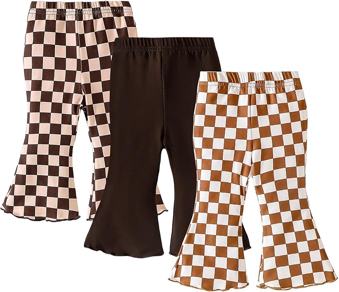 SOBOWO Checkered Baby Girl Flare Pants 3 Pack Toddler Bell Bottoms Plaid Ruffle by SOBOWO