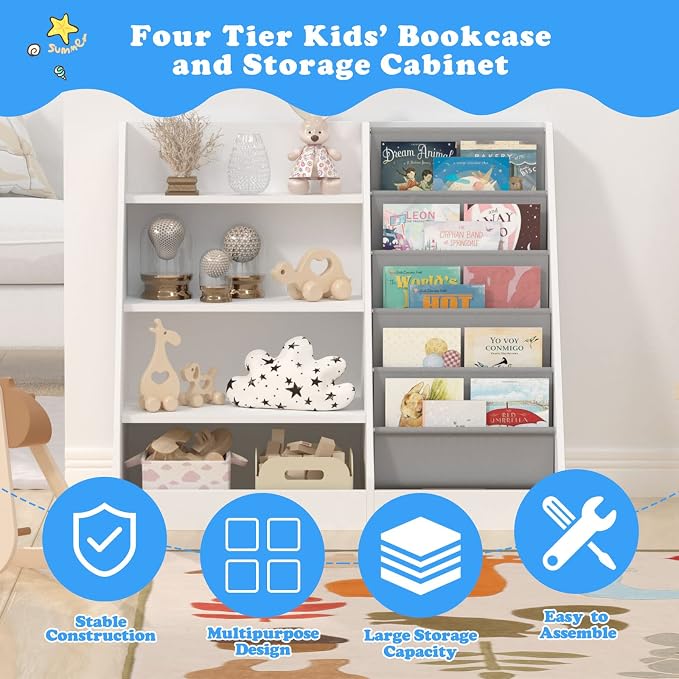 4 Tier Kids Wooden Bookshelf, 5 Layer Sling Toddler Bookcase, Baby Storage Book - Image 6