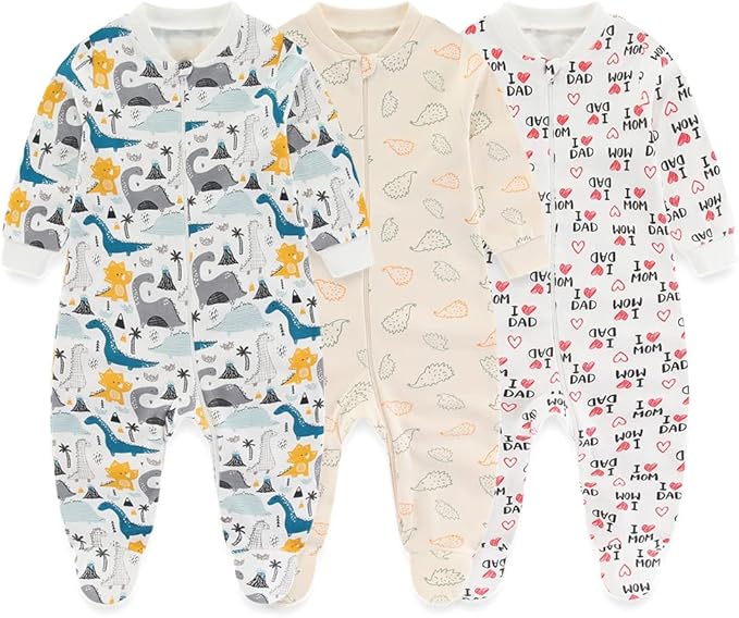 Newborn Baby 2-way Zipper Romper Cotton One-piece Jumsuit 3-pack, 0-24 Months by MAMIMAKA