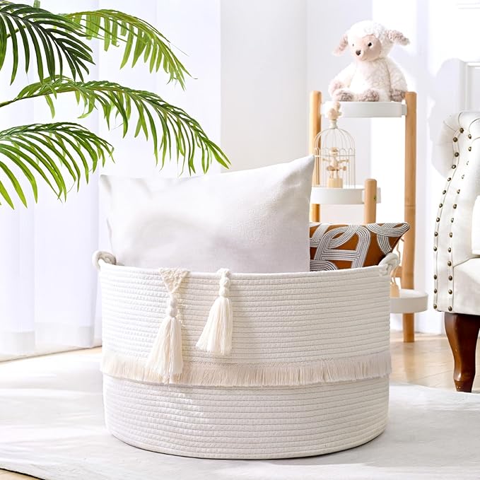 67L Large Blanket Basket, Cotton Rope Blanket Basket Living Room, Baby Laundry - Image 3