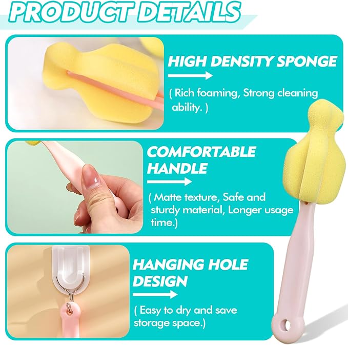 Sponge Bottle Brush 6PCS Sponge Nipple Brushes Baby Bottle Nipple Cleaning - Image 7