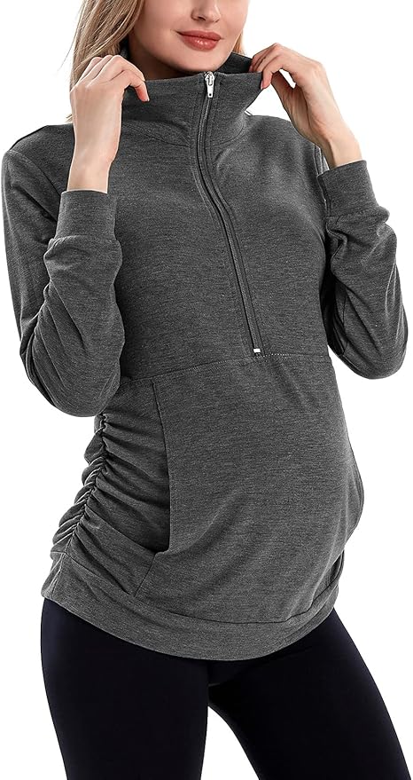GINKANA Maternity Women's Long Sleeve Shirt Half Zipper Lapel Lightweight by GINKANA