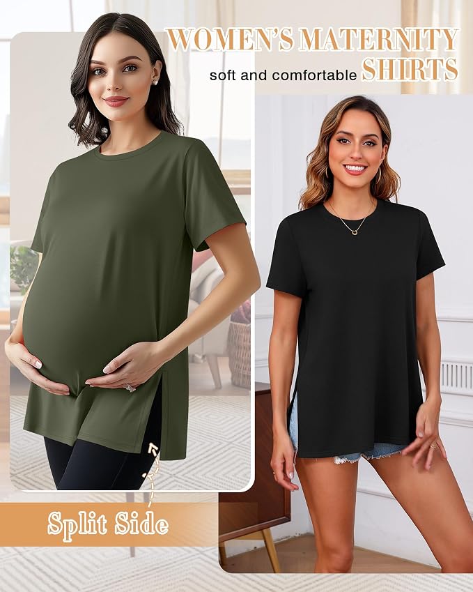 Ficerd 3 Pack Women's Maternity T Shirts, Short Sleeve Side Split Pregnancy - Image 2
