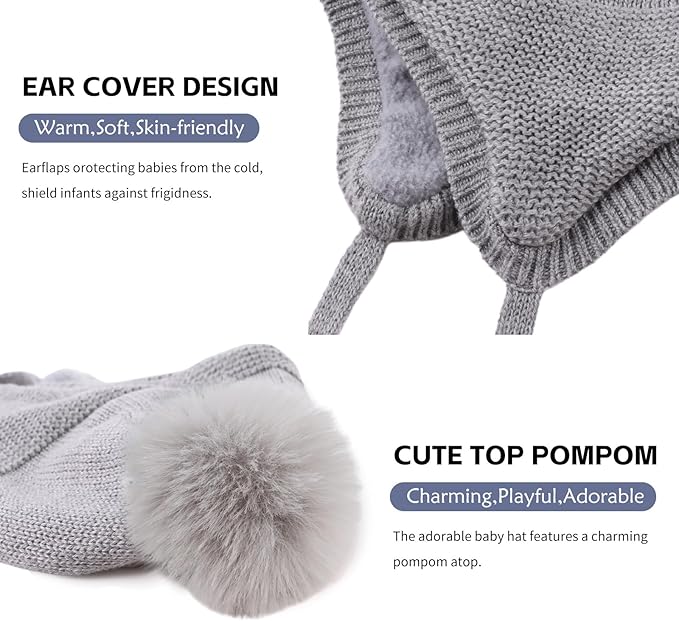 JANGANNSA Basic Winter Baby Boys Beanie Pompom Knitted Girls Hat Kids Earflap - Image 4
