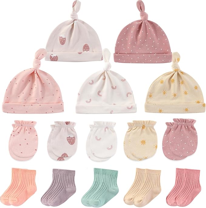 Newborn Baby Boy Girl Caps Mittens Socks Set Cotton Baby Essentials Accessories by MAMIMAKA