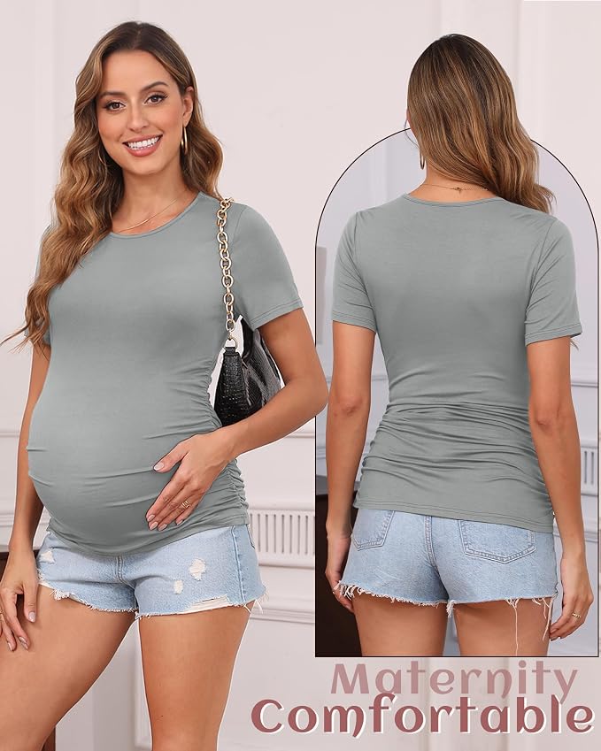 Huukeay 4 Pack Women's Maternity Shirts, Crew Neck Maternity Top Short Sleeve - Image 2