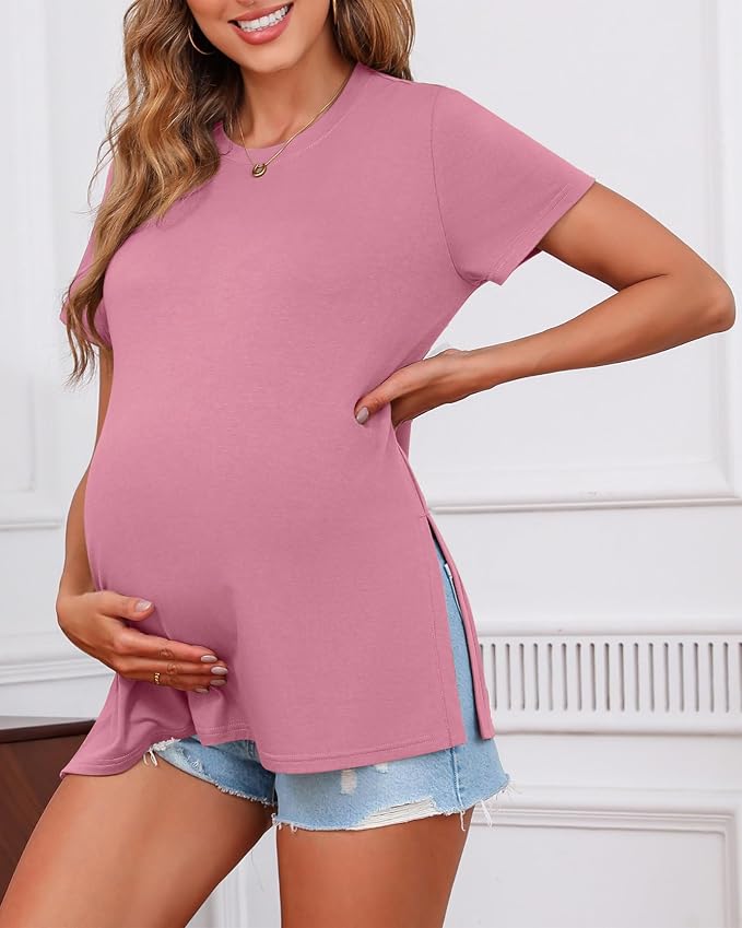 Ficerd 3 Pack Women's Maternity T Shirts, Short Sleeve Side Split Pregnancy - Image 4