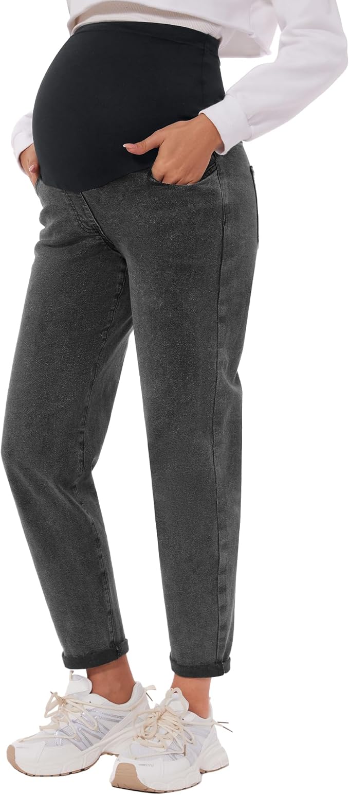 POSHGLAM Women's Maternity Jeans Over Belly Comfy Stretch 28'' Boyfriend Jeans by POSHGLAM