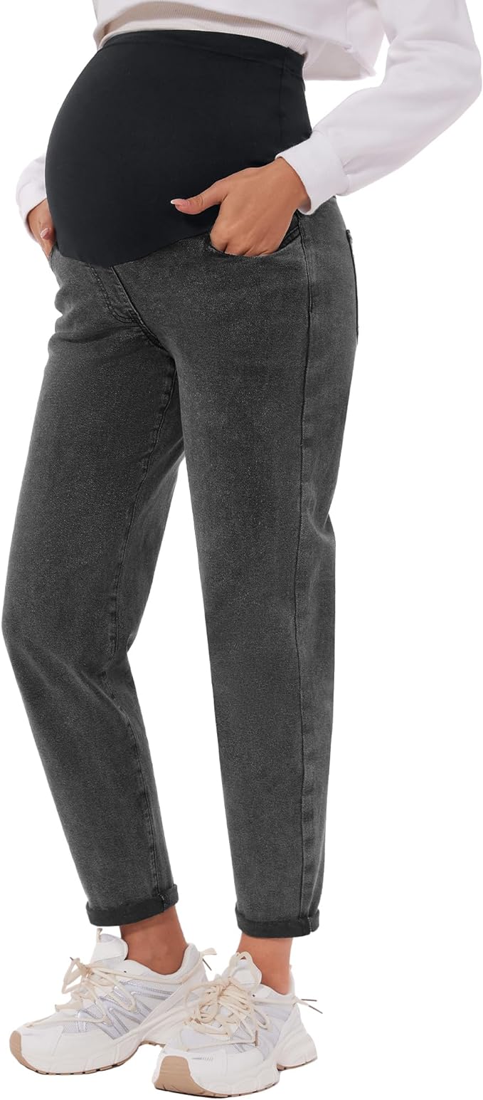 POSHGLAM Women's Maternity Jeans Over Belly Comfy Stretch 28'' Boyfriend Jeans by POSHGLAM