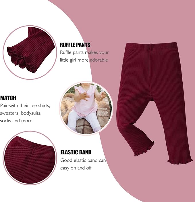 SOBOWO Baby Girl Leggings Pants Toddler Girls Solid Ribbed Pants 3 Pack Ruffle - Image 4