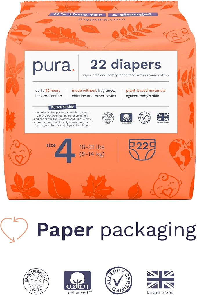 Pura Size 4 Eco-Friendly Diapers Totally Chlorine Free Hypoallergenic, Soft - Image 2