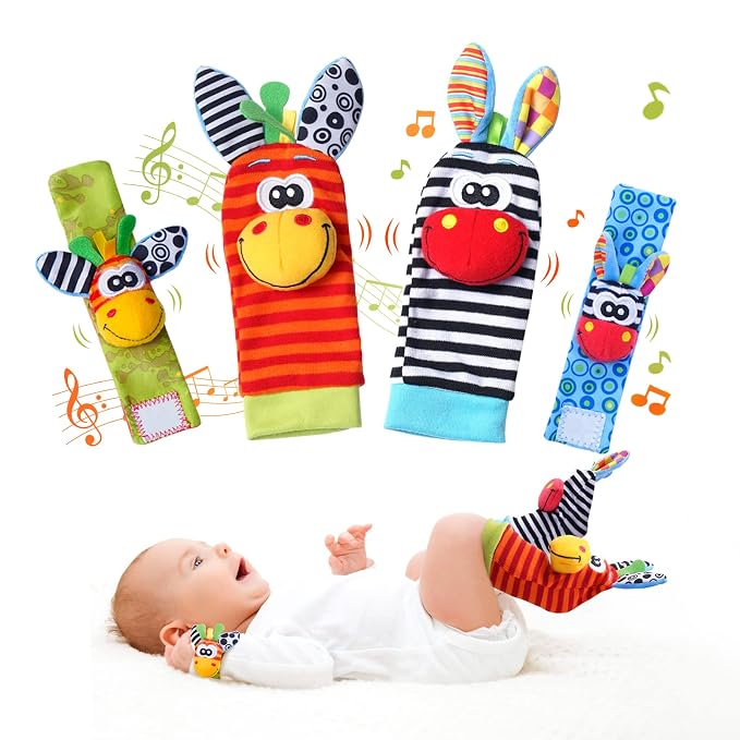 Baby Toys 0-6 Months, Wrist Rattles Foot Finder Socks Set, Infant Rattle Socks by PHEZAPA