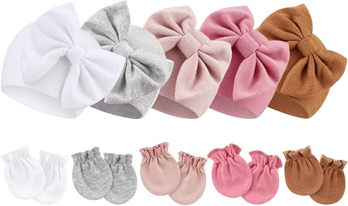 BQUBO Newborn Baby Girls Hats Mittens Set Hospital Hat Beanie Infant Bow Hats by DRESHOW