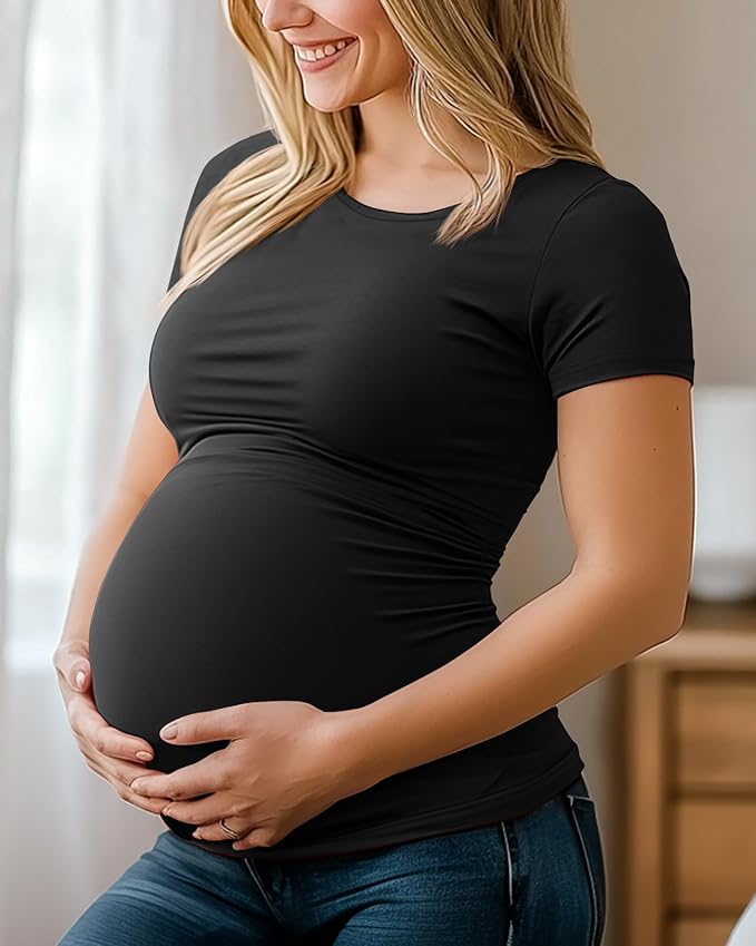 Huukeay 4 Pack Women's Maternity Shirts, Crew Neck Maternity Top Short Sleeve - Image 3