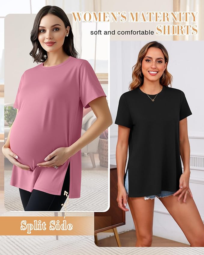 Ficerd 3 Pack Women's Maternity T Shirts, Short Sleeve Side Split Pregnancy - Image 2