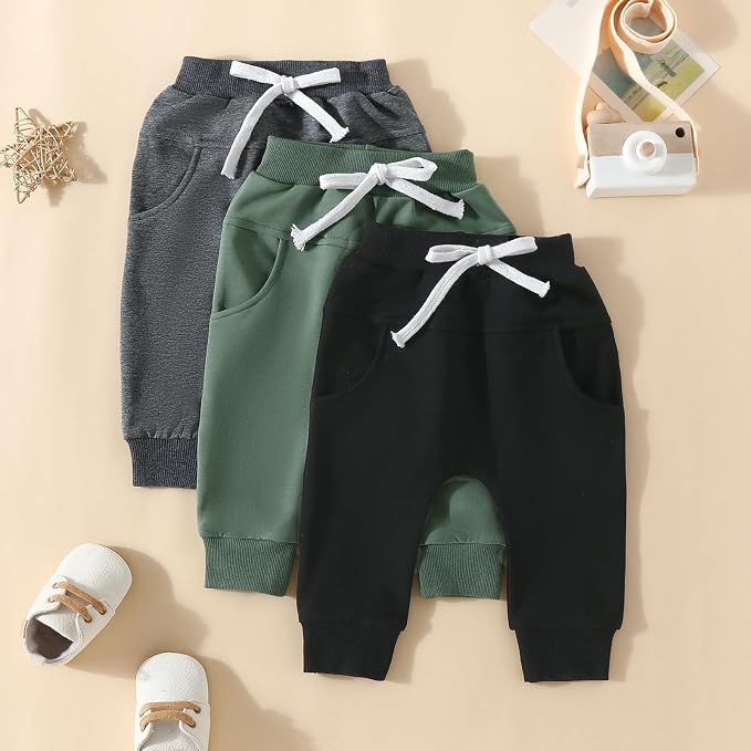 Sejardin Toddler Baby Boy Girl Pants 3 Pack Solid Color Elastic Waist Jogger - Image 2
