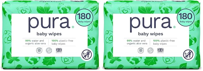 Pura Baby Wipes 3 x 60 per pack 100% Plastic-Free & Plant Based Wipes, 99% Water by MyPura