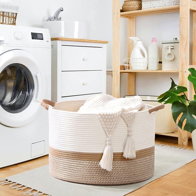 67L Large Blanket Basket, Cotton Rope Blanket Basket Living Room, Baby Laundry - Image 2