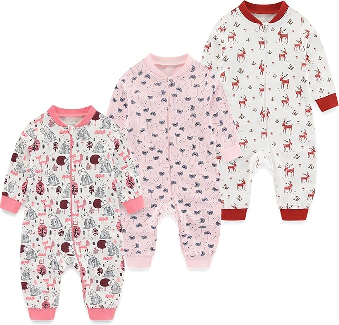 Newborn Baby 2-way Zipper Romper Cotton One-piece Jumsuit 3-pack, 0-24 Months by MAMIMAKA