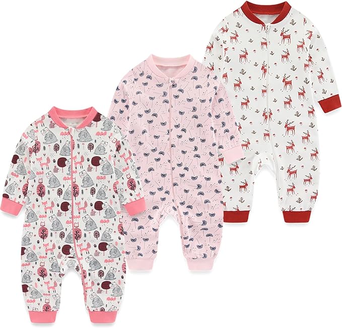 Newborn Baby 2-way Zipper Romper Cotton One-piece Jumsuit 3-pack, 0-24 Months by MAMIMAKA