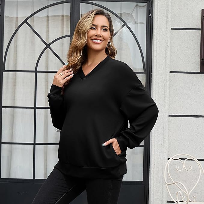 GINKANA Maternity Long Sleeve Shirts V Neck Sweatshirt Casual Tunic Tops - Image 2