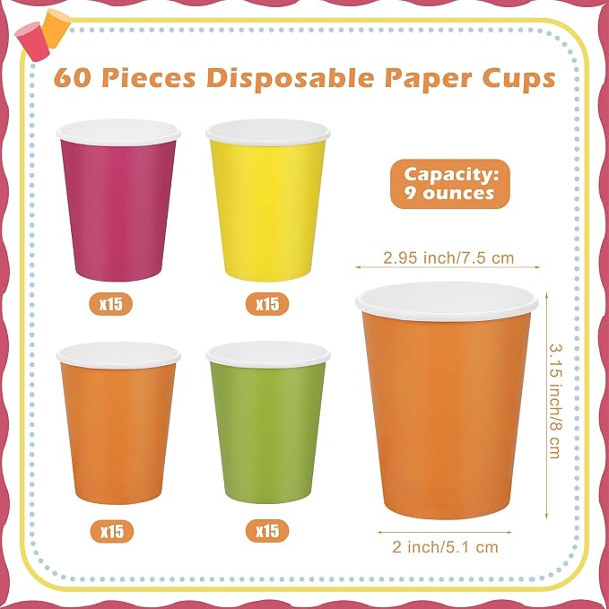 URATOT 60 Pieces 9 Ounce Disposable Paper Cups Neon Color Party Cups Drinking - Image 2