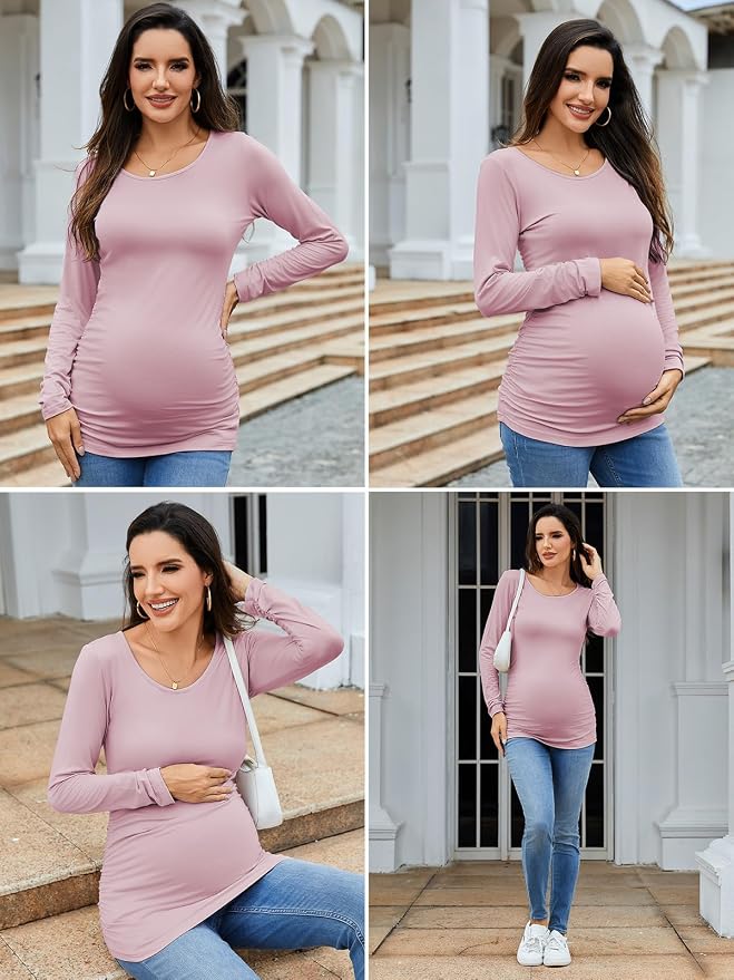 Ecavus Women's Maternity Shirts Long Sleeve Soft Stretchy Pregnancy Tops Side - Image 6