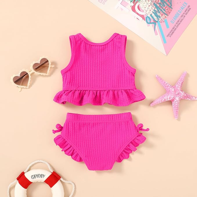 HAPPYMA Baby Swimsuit Toddler Girl Bathing Suit Summer Solid Color Bikini Set - Image 3