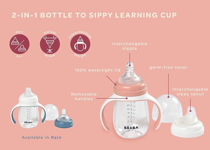 BEABA 2-in-1 Baby Bottle to Transition Sippy Cup, No Spill Sippy Cup, Includes - Image 6