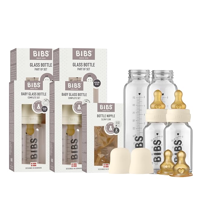 Bibs Baby Glass Bottle Starter Kit 4 Bottles, 3.7 oz & 7.6 oz | Anti-Colic by BIBS