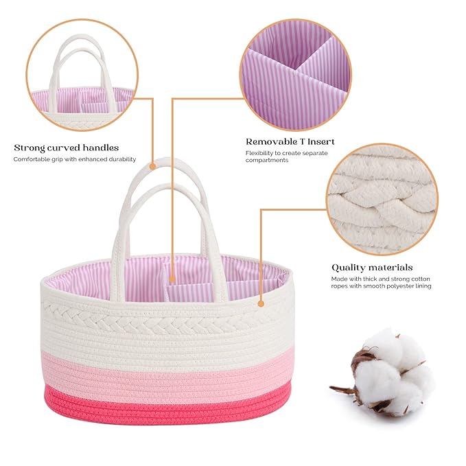 luxury little Diaper Caddy Organizer, Large Cotton Rope Nursery Basket - Image 4