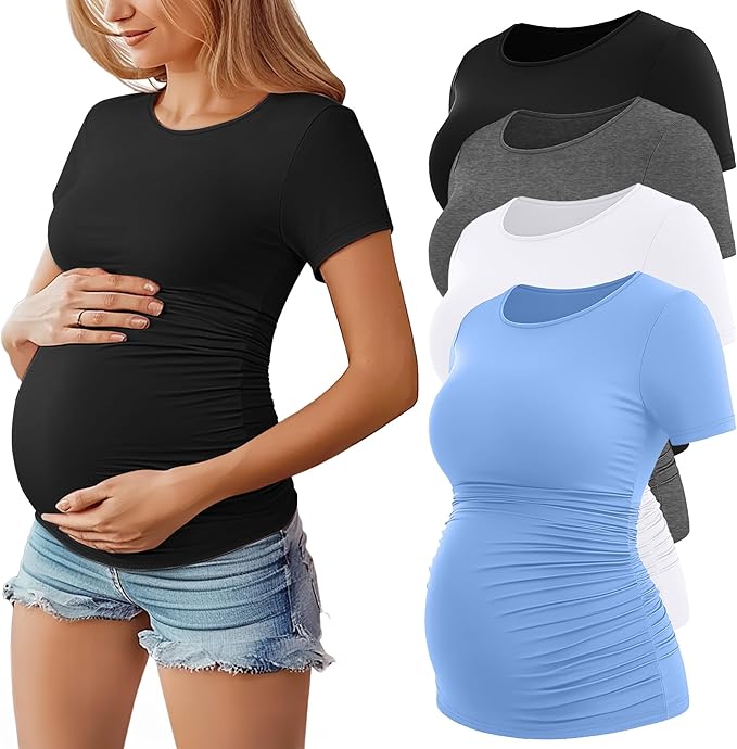 Huukeay 4 Pack Women's Maternity Shirts, Crew Neck Maternity Top Short Sleeve by Huukeay
