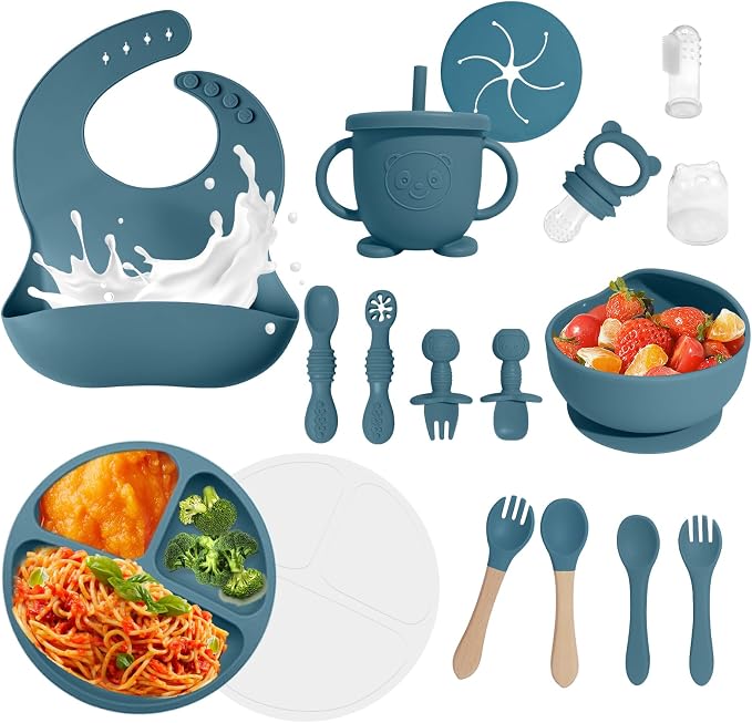 Baby Led Weaning Supplies, 17 Piece BPA-Free Silicone Feeding Set, Eating by Catvegue