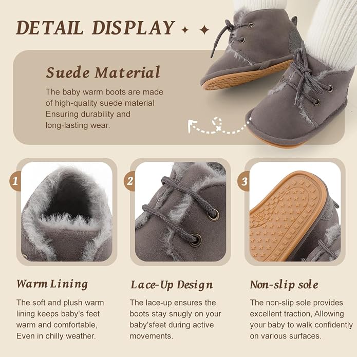 Baby Unisex Warm Snow Boots Newborn Leather Fur Lace Up Ankle Anti-Slip Rubber - Image 3