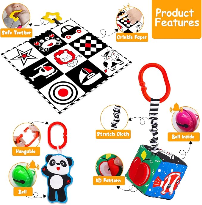 4 PCS Black and White High Contrast Baby Toys 0-3-6 Months Newborn Essential - Image 3