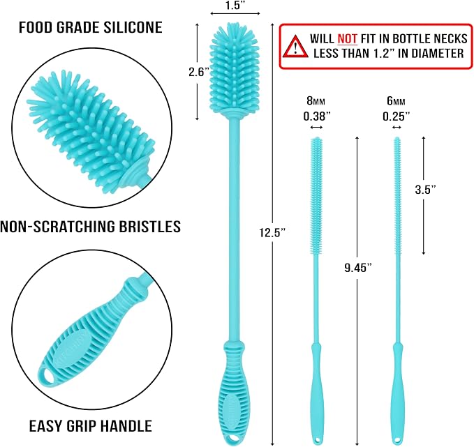 12.5” Silicone Bottle Brush & Straw Cleaner Brush Set | Water Bottle Cleaner - Image 2
