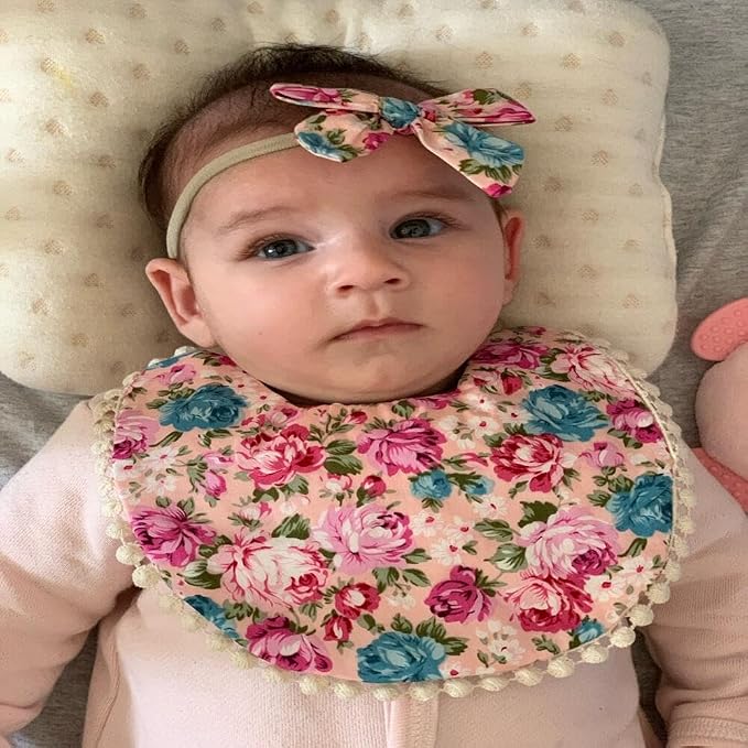 Baby Girls Floral Print Bibs, Reversible Burp Cloth Set - Image 5
