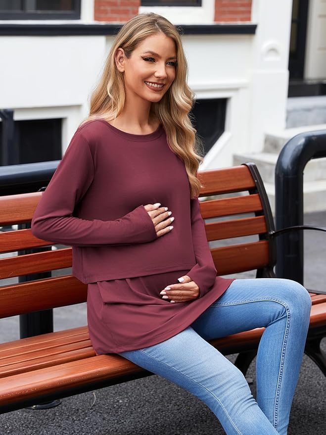 Ecavus Women's 3Pack Maternity Nursing Shirts Long Sleeve Double Layer - Image 2