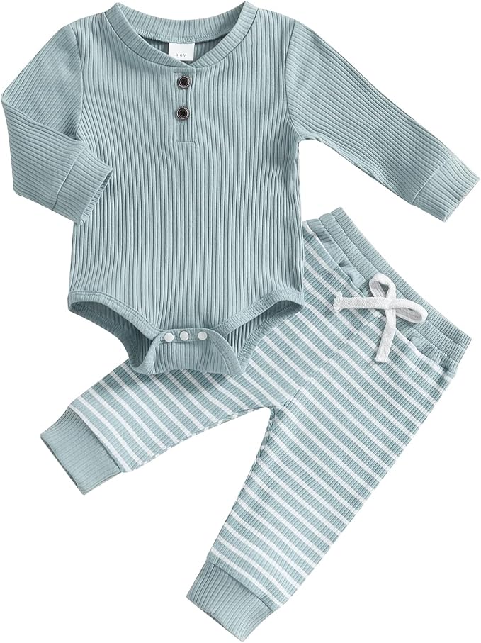 Newborn Baby Boy Girl Clothes Ribbed Knitted Long Sleeve Romper Pants Solid by MABABY