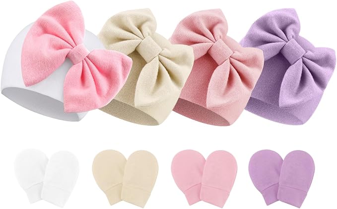 BQUBO Newborn Baby Hats Mittens Set Hospital Hat Beanie Infant Bow Hats Baby by DRESHOW