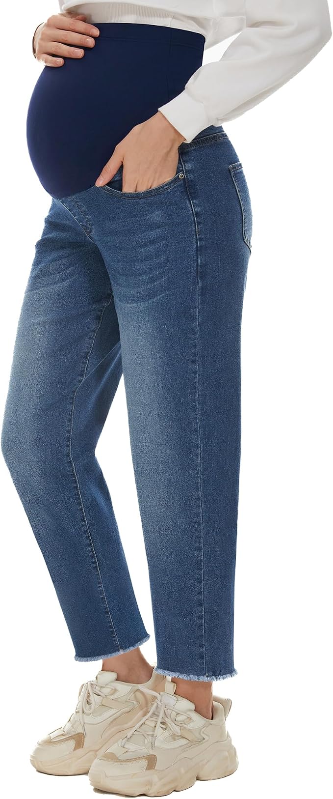 POSHGLAM Women's Maternity Jeans Over Belly Comfy Stretch 28'' Boyfriend Jeans by POSHGLAM