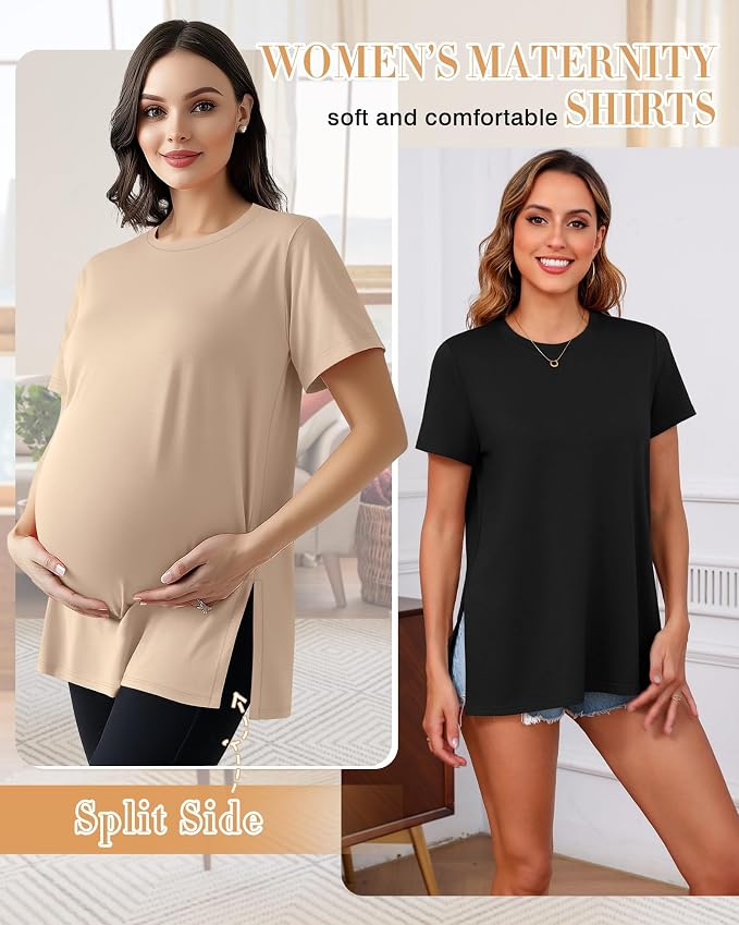 Ficerd 3 Pack Women's Maternity T Shirts, Short Sleeve Side Split Pregnancy - Image 2