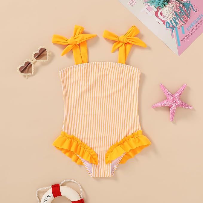 Happy Town Toddler Swimsuit Girl Solid Color Stripe One-Piece Baby Bathing Suits - Image 2
