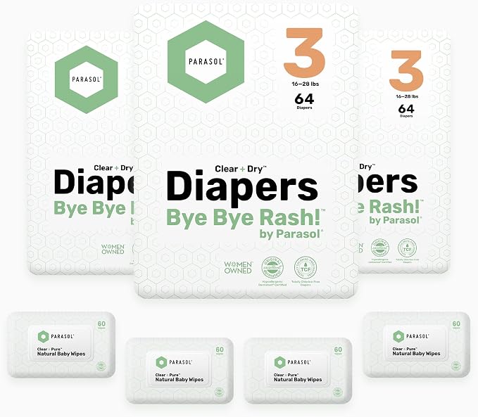 Parasol Clear+Dry Disposable Diapers and Clear+Pure Wipes, RashShield Protection - Image 2