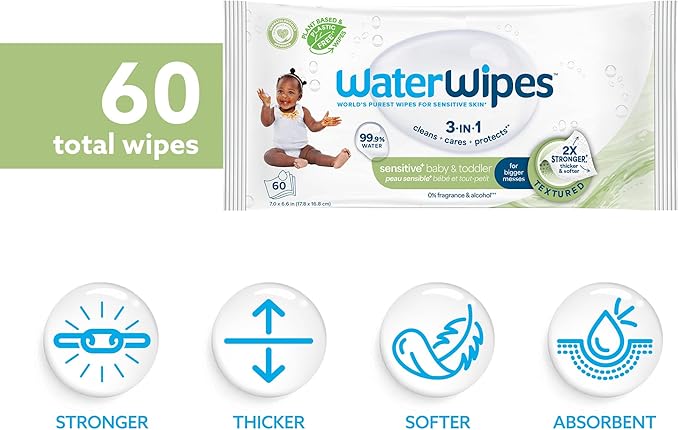 WaterWipes Sensitive+ Baby & Toddler Wipes, 3-In-1 Cleans, 99.9% Water - Image 2