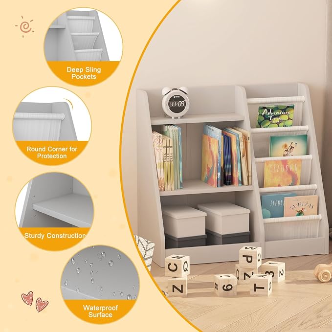 Gray Nursery Bookshelf for Kids 3 Tier Wood Shelf 4 Sling Baby Toddler Bookcase - Image 4