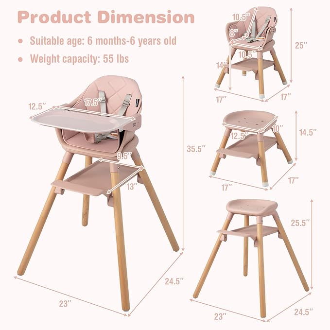 BABY JOY Baby High Chair, 6 in 1 Convertible Wooden High Chair - Image 6